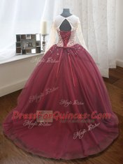 Classical Sequins Scoop Long Sleeves Court Train Lace Up Quinceanera Gowns Wine Red Tulle