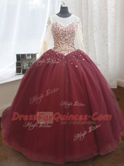 Classical Sequins Scoop Long Sleeves Court Train Lace Up Quinceanera Gowns Wine Red Tulle