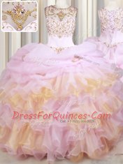 Attractive Organza Scoop Sleeveless Court Train Lace Up Beading and Ruffles and Pick Ups Sweet 16 Dress in Pink