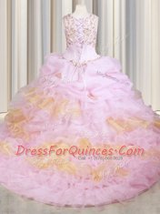 Attractive Organza Scoop Sleeveless Court Train Lace Up Beading and Ruffles and Pick Ups Sweet 16 Dress in Pink