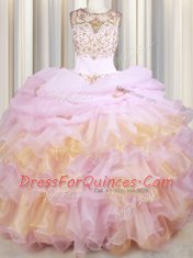 Attractive Organza Scoop Sleeveless Court Train Lace Up Beading and Ruffles and Pick Ups Sweet 16 Dress in Pink