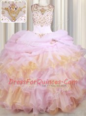 Attractive Organza Scoop Sleeveless Court Train Lace Up Beading and Ruffles and Pick Ups Sweet 16 Dress in Pink