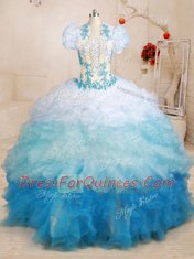High Class Multi-color Organza Lace Up 15 Quinceanera Dress Sleeveless With Brush Train Beading and Appliques and Ruffles