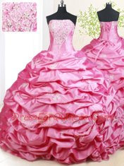 High End Hot Pink Lace Up Strapless Beading and Pick Ups Sweet 16 Dresses Taffeta Sleeveless Brush Train