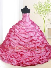 High End Hot Pink Lace Up Strapless Beading and Pick Ups Sweet 16 Dresses Taffeta Sleeveless Brush Train