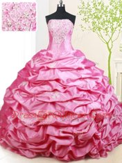 High End Hot Pink Lace Up Strapless Beading and Pick Ups Sweet 16 Dresses Taffeta Sleeveless Brush Train