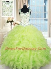 Luxury Straps Floor Length Lace Up Sweet 16 Quinceanera Dress Yellow Green for Military Ball and Sweet 16 and Quinceanera with Beading and Ruffles