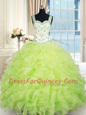Luxury Straps Floor Length Lace Up Sweet 16 Quinceanera Dress Yellow Green for Military Ball and Sweet 16 and Quinceanera with Beading and Ruffles