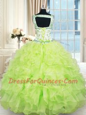 Luxury Straps Floor Length Lace Up Sweet 16 Quinceanera Dress Yellow Green for Military Ball and Sweet 16 and Quinceanera with Beading and Ruffles