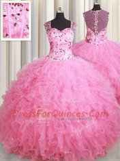 Suitable Straps Rose Pink Zipper Ball Gown Prom Dress Beading and Ruffles Sleeveless Floor Length
