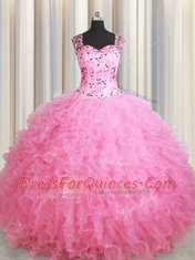Suitable Straps Rose Pink Zipper Ball Gown Prom Dress Beading and Ruffles Sleeveless Floor Length