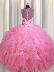 Suitable Straps Rose Pink Zipper Ball Gown Prom Dress Beading and Ruffles Sleeveless Floor Length
