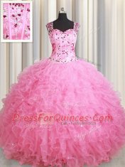 Suitable Straps Rose Pink Zipper Ball Gown Prom Dress Beading and Ruffles Sleeveless Floor Length