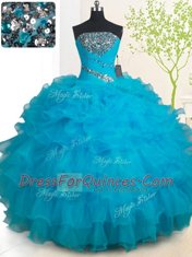 Baby Blue Organza Zipper Quince Ball Gowns Sleeveless Floor Length Beading