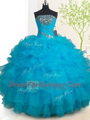 Baby Blue Organza Zipper Quince Ball Gowns Sleeveless Floor Length Beading