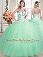 Apple Green Ball Gowns Sweetheart Sleeveless Tulle Floor Length Lace Up Beading Vestidos de Quinceanera