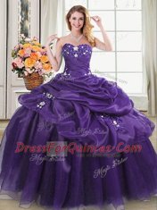 Dynamic Purple Ball Gowns Organza Sweetheart Sleeveless Appliques and Pick Ups Floor Length Lace Up Sweet 16 Dresses