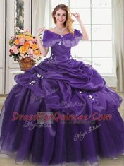 Dynamic Purple Ball Gowns Organza Sweetheart Sleeveless Appliques and Pick Ups Floor Length Lace Up Sweet 16 Dresses