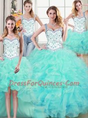 Decent Four Piece Straps Floor Length Ball Gowns Sleeveless Aqua Blue Sweet 16 Dresses Lace Up