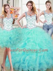 Most Popular Three Piece Straps Aqua Blue Organza Lace Up Quince Ball Gowns Sleeveless Floor Length Beading and Lace and Ruffles