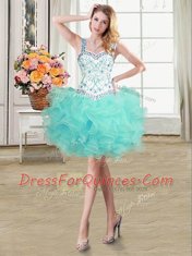 Most Popular Three Piece Straps Aqua Blue Organza Lace Up Quince Ball Gowns Sleeveless Floor Length Beading and Lace and Ruffles