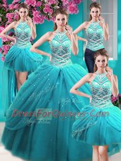 Four Piece Halter Top Aqua Blue Lace Up Quinceanera Dresses Beading and Pick Ups Sleeveless Floor Length