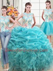 Three Piece Aqua Blue Scoop Neckline Beading and Ruffles Vestidos de Quinceanera Sleeveless Lace Up