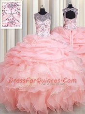 Scoop Sleeveless Organza Floor Length Lace Up Quince Ball Gowns in Baby Pink with Beading and Ruffles and Pick Ups