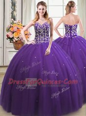 Captivating Four Piece Purple Ball Gowns Tulle Sweetheart Sleeveless Beading Floor Length Lace Up Vestidos de Quinceanera