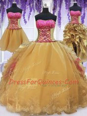 Four Piece Hot Pink and Gold Sleeveless Brush Train Beading and Lace and Ruffles With Train Ball Gown Prom Dress