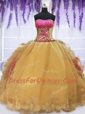 Four Piece Hot Pink and Gold Sleeveless Brush Train Beading and Lace and Ruffles With Train Ball Gown Prom Dress