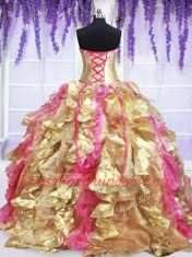 Four Piece Hot Pink and Gold Sleeveless Brush Train Beading and Lace and Ruffles With Train Ball Gown Prom Dress