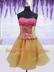 Four Piece Hot Pink and Gold Sleeveless Brush Train Beading and Lace and Ruffles With Train Ball Gown Prom Dress