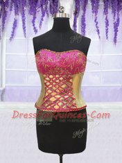 Four Piece Hot Pink and Gold Sleeveless Brush Train Beading and Lace and Ruffles With Train Ball Gown Prom Dress