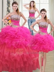 Attractive Three Piece Multi-color Ball Gowns Strapless Sleeveless Organza Floor Length Lace Up Beading and Ruffles and Ruffled Layers and Sequins Quinceanera Gown