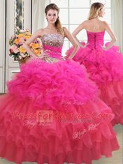Attractive Three Piece Multi-color Ball Gowns Strapless Sleeveless Organza Floor Length Lace Up Beading and Ruffles and Ruffled Layers and Sequins Quinceanera Gown
