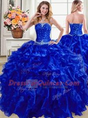 Adorable Royal Blue Sleeveless Floor Length Beading and Ruffles Lace Up Quinceanera Dresses