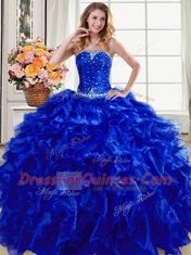 Adorable Royal Blue Sleeveless Floor Length Beading and Ruffles Lace Up Quinceanera Dresses