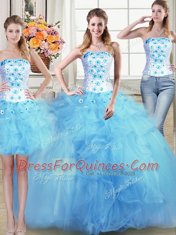Hot Sale Three Piece Sleeveless Floor Length Beading and Appliques and Ruffles Lace Up 15th Birthday Dress with Light Blue