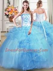 Hot Sale Three Piece Sleeveless Floor Length Beading and Appliques and Ruffles Lace Up 15th Birthday Dress with Light Blue