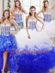 Deluxe Four Piece Floor Length Lace Up 15th Birthday Dress White and Blue for Military Ball and Sweet 16 and Quinceanera with Beading and Ruffles