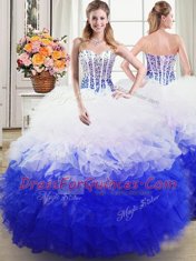 Deluxe Four Piece Floor Length Lace Up 15th Birthday Dress White and Blue for Military Ball and Sweet 16 and Quinceanera with Beading and Ruffles