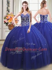 Four Piece Sweetheart Sleeveless Lace Up Sweet 16 Dress Royal Blue Tulle