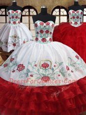 Perfect Three Piece Organza Sweetheart Sleeveless Lace Up Embroidery and Ruffled Layers 15th Birthday Dress in White and Red