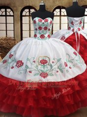 Perfect Three Piece Organza Sweetheart Sleeveless Lace Up Embroidery and Ruffled Layers 15th Birthday Dress in White and Red