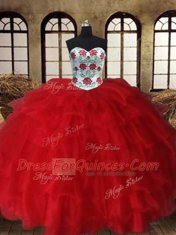 Perfect Three Piece Organza Sweetheart Sleeveless Lace Up Embroidery and Ruffled Layers 15th Birthday Dress in White and Red