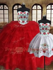 Perfect Three Piece Organza Sweetheart Sleeveless Lace Up Embroidery and Ruffled Layers 15th Birthday Dress in White and Red