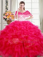 On Sale Straps Sleeveless Lace Up Vestidos de Quinceanera Hot Pink Organza