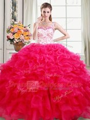 On Sale Straps Sleeveless Lace Up Vestidos de Quinceanera Hot Pink Organza