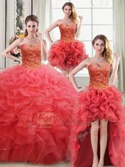 New Arrival Four Piece Coral Red Sleeveless Beading and Ruffles Floor Length 15 Quinceanera Dress
